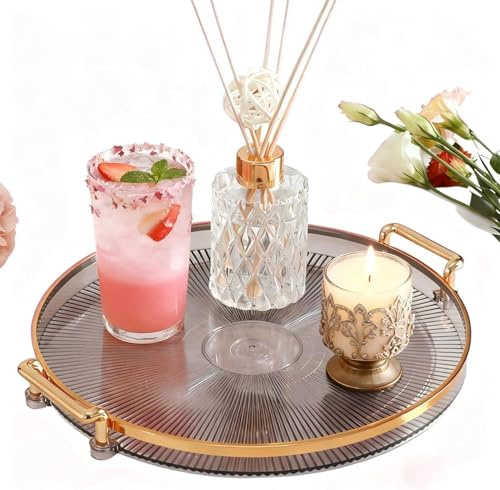 Tissting Tablett Rund 27cm Transparente Kunststoff Obsttablett Snack Teller mit Griff, Europäischen Stil Badezimmer Deko Tablett Schmucktablett für Home, Restaurant, Anthrazit-Gold
