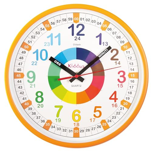 Kiddus Orologio da Parete Didattico per Bambini, Ragazzi. Analogico. Diametro 30cm. Con Esercizi per Imparare a Leggere l’Ora. Movimento al Quarzo Silenzioso.