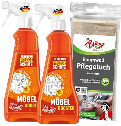 POLIBOY Möbel Booster - Reinigendes Möbelpflegemittel - Entfernt als Möbelreiniger Schmutz und frischt auf -2x 375 ml - Mit Baumwolltuch - Made in Germany
