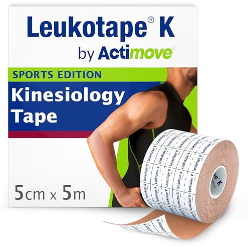 Leukotape K by Actimove Sports Edition Kinesiology Tape for Muscle Support and Pain Relief, 5cm x 5m, Beige, 1 Roll