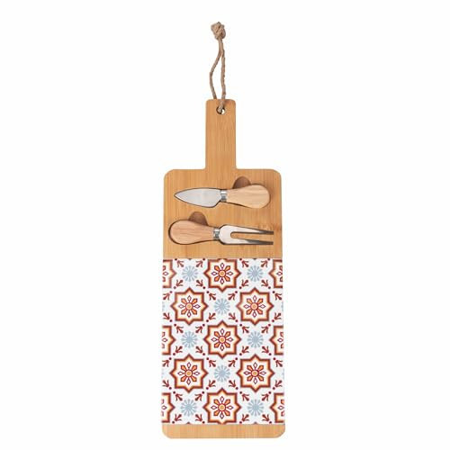 Set tagliere e 2 coltelli da formaggio, in legno di bambù, decoro maiolica, 15x42 cm, rosso, Valladolid
