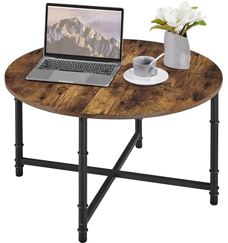 Yaheetech Couchtisch Runder Kaffeetisch Beistelltisch im Industriellen Stil Sofatisch mit Untergestell aus Metall & Tischplatte aus MDF Rustikal-Braun