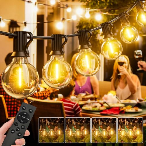 LUCUHM Luci a festone da esterno con telecomando, 45 m, luci a LED da giardino, alimentate a rete, dimmerabili, impermeabili, con timer, per patio, gazebo, balcone, esterno