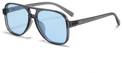 Long Keeper Retro Lunettes de Soleil Pilote Femme Homme Lunette de Soleil Grande Carrés Années 70 Lunettes Double Pont Pilote Vintage Protection UV400, 58mm (Gris Clair Monture - Bleu Lentilles)