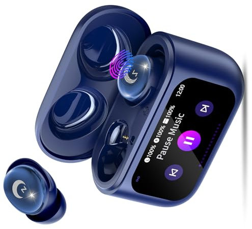 VEKJ Wireless Earbuds with Smart Touch Screen, 2025 Mini Sleep Earbuds Bluetooth 5.4 Headphones In Ear with Noise Cancelling Mics, 48Hrs Bass Stereo Ear Buds, 5 EQ Modes/IPX7 Waterproof Sky Blue