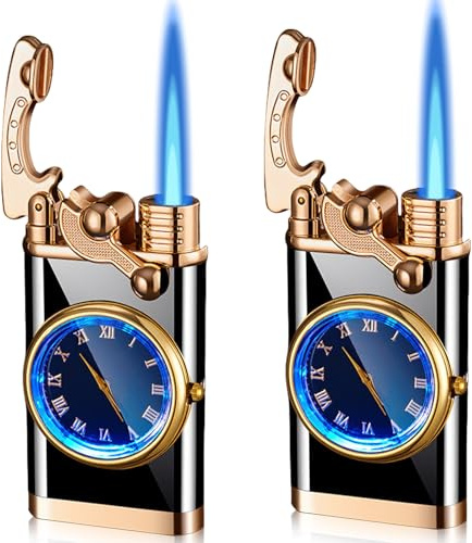 Behogan 2 mecheros Jet con reloj, encendedor de gas recargable, resistente al viento, creativo Dial Rocker brazo inflable para hombres y padres (sin gas)