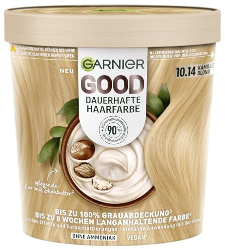 Garnier GOOD Dauerhafte Haarfarbe 10.14 Kamille Blond, permanente Coloration, ohne Ammoniak, bis zu 100% Grauabdeckung, langanhaltende Farbe bis zu 8 Wochen, leichte Anwendung, angenehmer Duft, 1 Stk.