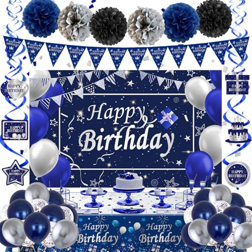 Birthday Decorations for Men Boys Women Girls, Navy Blue and Silver Happy Bday Backdrop Banner, Birthday Decoration Blue with Balloons Triangle Flags Tablecloth, Mens Boy Bday Party Supplies