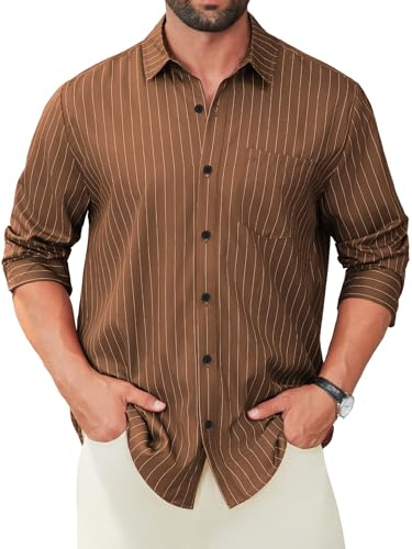 Hardaddy Men's Casual Striped Shirts Button Down Long Sleeve Blouse for Men Fall Winter, Brown, Medium