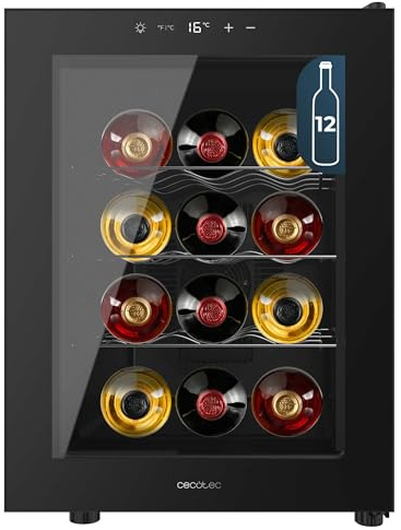 Cecotec Vinoteca 12 Botellas Bolero GrandSommelier 1255 CoolCrystal E. Estantes Metálicos, Control Táctil, Temperatura 8 a 18ºC, Temperatura 8 a 18ºC, Negra