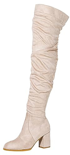 2026 Bottes de neige pour femme Mode genou à talons hauts épais sur daim plissé, beige, 38 EU