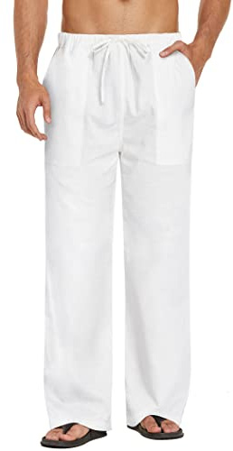 COOFANDY Mens Linen Trousers Summer Pants Elasticated Waist Trousers for Men Casual Linen Pants Loose Fit White M