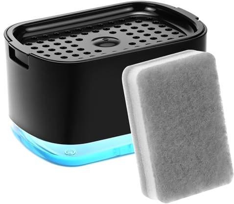 QWORK® Dispensador de Jabón Cocina 2 en 1 con Soporte de Esponja, 300 ml, Operación con Una Sola Mano