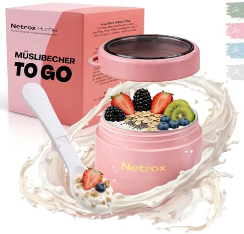 Netrox - Tazza Muesli To Go con Cucchiaio 600 ml – Contenitore Ermetico Isotermico Inox, Portapranzo per Cereali, Yogurt, Porridge, Zuppe – Senza BPA, Lavastoviglie – Bambini & Adulti