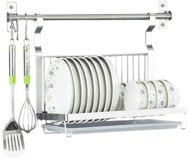 BOOMLATU Abtropfgestell Faltbar Hängend Abtropfständer mit Stange Geschirrtrockner zum aufhängen Geschirrständer Klappbar Edelstahl Abtropfregal Geschirr Teller Relingsystem Wand Dish Drying Silber