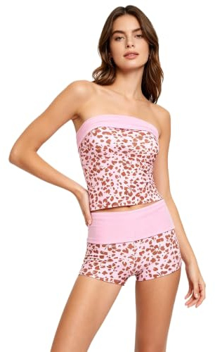 Jhaoyu Dam axelbandslös tankini bandeau tankini baddräkter för kvinnor leopardmönster bandeau badkläder baddräkt axelbandslös semester
