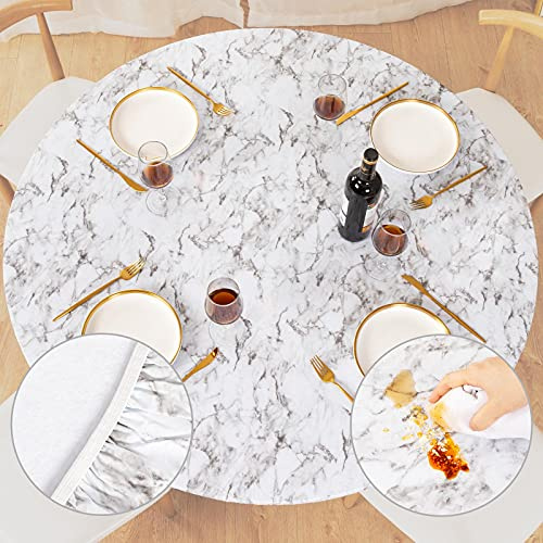 UMINEUX Round Fitted Vinyl Tablecloth with Elastic Edged & Flannel Backing, Waterproof Wipeable Round Table Cover for Indoor Outdoor Patio Use - Fits Tables up to 40 - 44 Diameter(WhiteMarble)