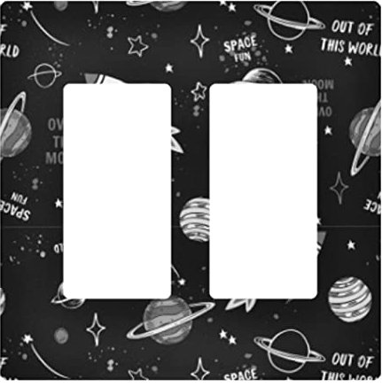 Space Doodle Cartoon Space Rockets, Planets, Stars, Moon, Slogans 2 Double Gangs Rocker Print Toggle Wall Plate, Switch Plate Cover for Living Room Bedroom Bathroom Office and School