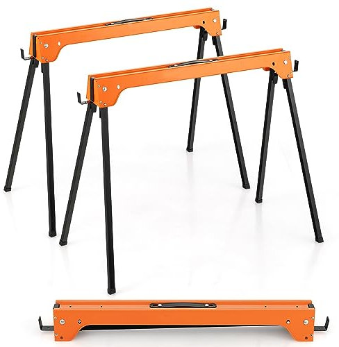 GiantexUK Folding Sawhorses Pack of 2, Twin Pack Workbench with Handle & Non-Slip footpads, Lightweight Portable Metal Trestle Stands, 227 kg Load Capacity (Orange)