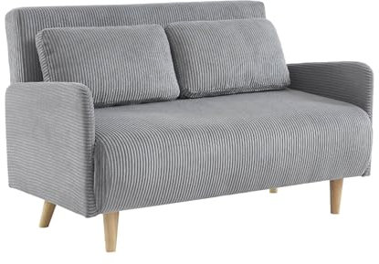 Skandinavisches 2-Sitzer-Sofa mit hellgrauem Cordbezug, Holzfüßen und verstellbarer Rückenlehne - Panam