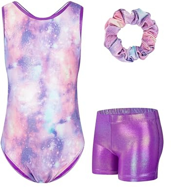 JiAmy Gymnastikdräkt för flickor, gymnastikdräkt för barn med byxor, hårband set, glänsande gymnastik, gymnastikdräkt, leotard för 11–12 år, Lila himmel, 3-4 år