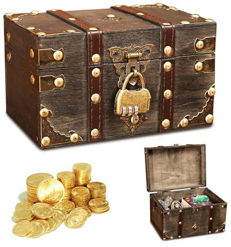 Forhandy Holz Schatztruhe Box, Aufbewahrung Vintage Schatzkiste Holz mit Schloss, Schatztruhe Kinder für Aufbewahrung Kindergeburtstag Dekoration Geschenke