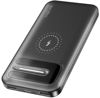 LogiLink PA0343RF – Powerbank med 10 000 mAh, trådlös laddning eller via kabel, snabbladdningsfunktion, med 7-vägs skydd