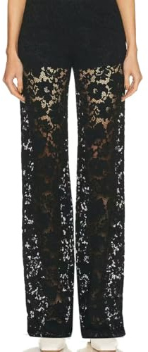 Auriselle Pantalones de Encaje Bordados Transparentes para Mujer Y2K con Cintura Alta y Pierna Recta Cintura Elástica Pantalones de Malla Street Rave para Discotecas, Negro, M