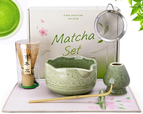 Doublewhale Ensemble de 7 pièces à matcha en céramique avec balai à matcha, porte-balai, bol à matcha avec bec, cuillère à matcha, porte-cuillère, passoire en acier inoxydable, torchon, cadeau pour
