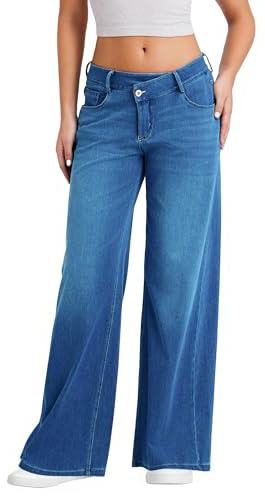 LaiEr Jeans à Jambe Large pour Femmes,Design Unique de Taille à Fermeture éclair,Coupe Droite,Coupe Ample,Pantalon en Denim à Haute élasticité adapté pour des Occasions décontractées.