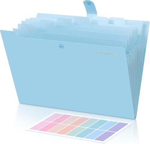 SKYDUE dokumentmapp A4, mapp med 8 fack, fack A4 med etiketter, bärbar mapp mappsystem, dokumentmapp för hem, kontor, skola och på resor (ljusblå)