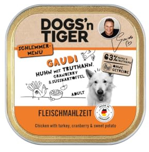Dogs'n Tiger Gaudi skål vuxen hundmat, kyckling och kalkon med tranbär & sötpotatis, 63 % köttinnehåll, spannmålsfri & utan tillsats av socker och konstgjorda konserveringsmedel – 20 × 150 g