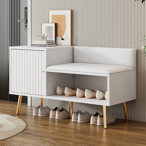 Generisch Lussuoso baule bianco con panca imbottita e spazio per l'ingresso, manici in metallo, gambe in metallo, costruzione robusta, 100 x 38 x 58 cm
