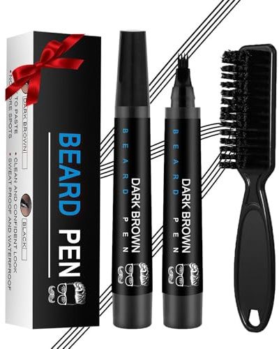 Beard Pencil Filler for Men Black - Beard Pen with Brush, Barber Pencil Smudge-proof & Water-proof Grooming Kit for Men Creating Natural Beard Color, Gifts for Men (Deep Black)
