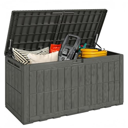 Outsunny 440L Garden Storage Box, Waterproof Resin Deck Box with Lockable Lid, Pneumatic Gas Rods, Side Handles, UV Resistant Wood Texture Outdoor Patio Storage Container for Garden Tools