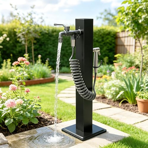 YUODIJIO Colonna D'acqua da Giardino con Rubinetto, Due Uscite D'acqua, Colonna D'acqua Rubinetto da Esterno da Terra, Acciaio Inossidabile, Fontana da Giardino per Esterno Casa Giardino (Grande)