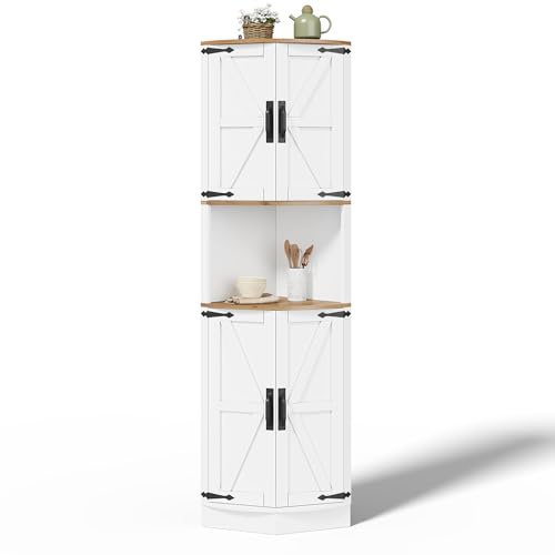 HAINEW Hörnskåp, bokskåp, förvaringsskåp med 4 dörrar, ladugård, högskåp, multifunktionellt skåp, hörnhylla, badrumsskåp, 39,5 × 39,5 × 180 cm, vit, HD26063005