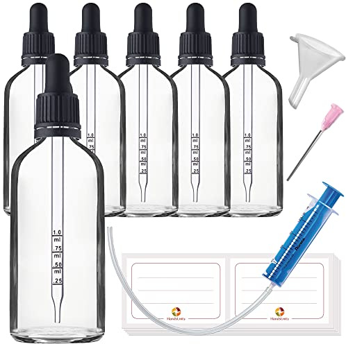 HandsUnity 100ml-6 pièces de Flacon de Verre pour Pipette - Ensemble de Pots de Pharmacie en Verre Transparent Avec Bouchon de Pipette Noir Comprenant 17 Accessoires Flacons en Verre Clair