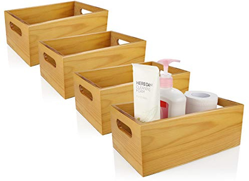 A Selected Pine Wood Organizer Open Box 4 Packs, 6x10 Wooden Storage Container with Handle for Bathroom and Kitchen