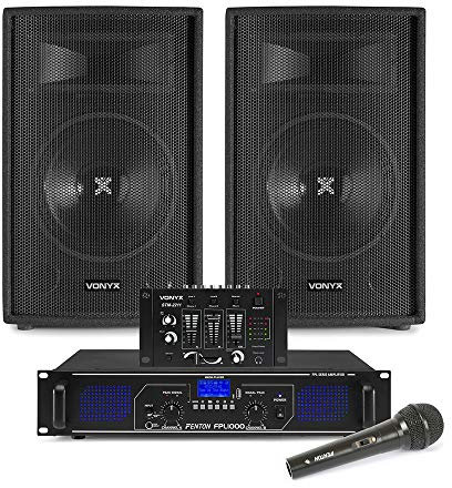 VONYX SL10 Complete DJ PA System with 10 Passive Speakers, FPL1000 Bluetooth Amplifier, 4-Channel Mixer, Microphone & Audio Cable Pack - Party Karaoke Events
