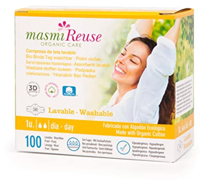 Masmi Cuscinetti mestruali in cotone lavabile riutilizzabili, equivalenti a 2 tamponi, fino a 100 lavaggi, realizzati con cotone biologico certificato GOTS (Global Organic Textile Standard)
