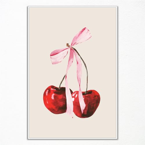 Red Cherry Canvas Wall Art, Cherry Pink Bow Poster for Girl Bedroom, Coquette Feminine Poster, Trendy Bow Art, Preppy College Apartment Print, Coquette Girly Wall Art for Bedroom 24x36in Unframed