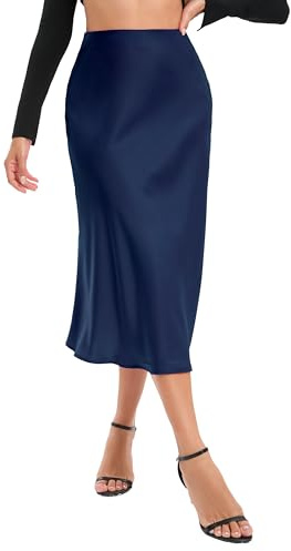 Timuspo Jupe midi satinée pour femme - Jupe longue élégante à taille haute - Jupe unie midi A-ligne - Jupe d'été avec élastique caché et fermeture éclair, bleu marine, M