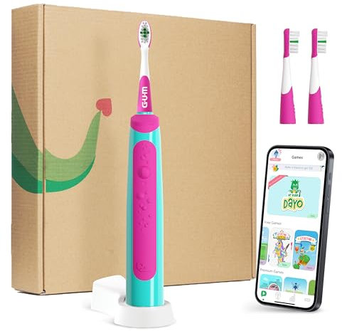 GUM Playbrush KIDS 3+ elektrische Zahnbürste | Interaktive Spiel-App | 2 Putzmodi | Extra weiche Borsten | 8 Wochen Akku | Timer | 1x Schallzahnbürste, wiederaufladbar | 2 extra Bürstenköpfe | Pink