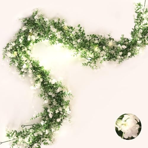 RECUTMS Greenery Vines Garland 3 Pack Artifical Garland with Lights Hanging Greenery Table Garland Greenery Artificial Green Leaves for Mantel Wedding Backdrop Arch Wall Indoor Outdoor Decor(White)