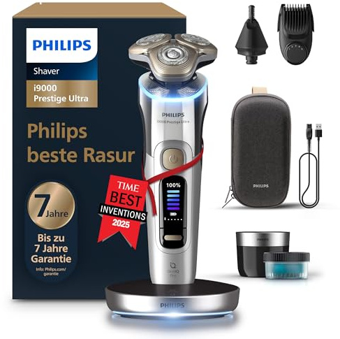 Philips i9000 Prestige Ultra, Afeitadora Eléctrica Hombre, Máquina de Afeitar Barba Seco y Húmedo, SkinIQ Pro, Base de Carga, Recargable, Estuche, Centro de limpieza, Recortador, Naricero, XP9404/38