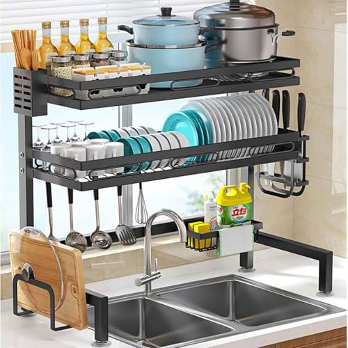 Égouttoir à vaisselle extensible à 2 niveaux, grand organisateur de cuisine, porte-ustensiles et couverts, support de planche à découper, noir, 85 x 24 x 82 cm