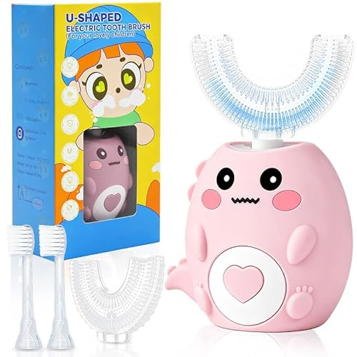 Kids Electric Toothbrush U Shaped, 360º Ultrasonic Toothbrush with Smart Timer & 3 Cleaning Modes, IPX7 Waterproof, Toddler Electric Toothbrush with 4 Brushs Head (Cartoon Dinosaur Ages 2-12) (Pink)