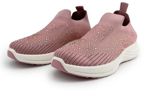 JOMIX Zapatillas Mujer Transpirables de Tejido de Punto Slip On Sin Cordones Ligeras Suela Plataforma Suave Amortiguada Antideslizante con Strass Plantilla Extraíble Rose 40