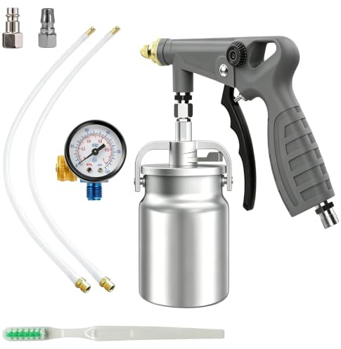 Pistolet à Peinture à Godet sous Pression, avec Réservoir de 1100 ML en Acier Robuste, Tuyau de Pulvérisation Droit et à 360°, pour la Protection Antirouille du Soubassement et des Bennes de Camions